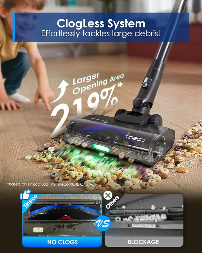 Tineco Pure ONE S70 Cordless Vacuum Cleaner, 200AW Powerful Suction, 3D Sense Pro Cleaning System, 6-Stage Filtration with 95min Runtime, Zero Tangle Brush with 180° Foldable Tube (Blue-Gray)