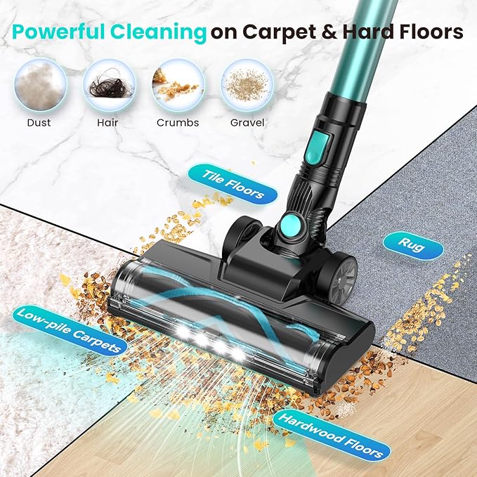 N3T Cordless Vacuum Cleaner,Wireless Stick Vacuum with 40mins Runtime,Self-Standing,Anti-Tangle Brush,Rechargeable Lightweight Vacuum Cleaner for Home,Hardwood Floor,Pet Hair, Carpet-Green