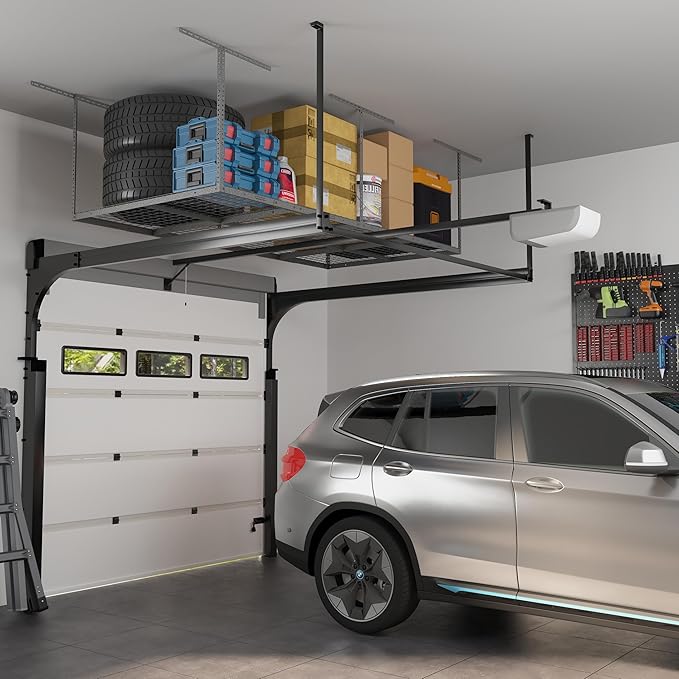 FLEXIMOUNTS 4x8 Overhead Garage Storage Rack, Adjustable Organization System, Heavy-Duty Metal Ceiling Racks, 600lbs Weight Capacity, Hammertone