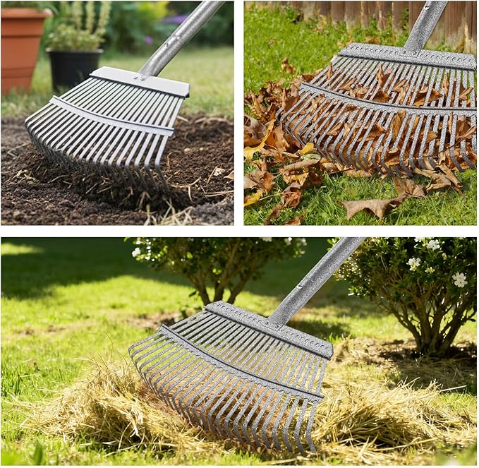 GARDENWORK Garden Leaf Rake,73" Long Handle Rake for Leaves,18" Wide Metal Garden Rakes with 25 Reinforced Tines and Adjustable Handle for Lawn,Shrub,Grass,Flower Beds