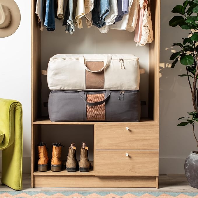 Soft Canvas Storage Bags with Zipper. Thick Breathable, 2pc King/Queen Comforter Organizer. Four Carrying Handles and Window. Large 25x19x9in Bag for Sheets Blankets Bedding Pillows, Clothes