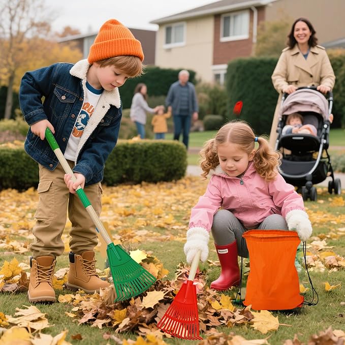 2 PCS Adjustable Kids Leaves Rakes (Green & Red, 25.2 in to 34.25 in) with 2 Pairs Gloves & 2 Orange Storage Bags, Lawn Rakes with Wooden Handle, Kids Garden Tools Set for Boys and Girls
