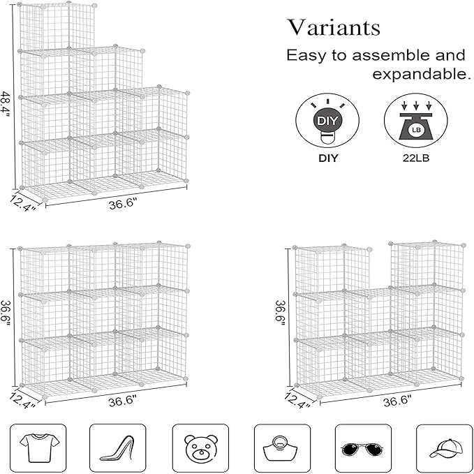 C&AHOME Wire Cube Storage, 9-Cube Organizer Metal, Wire C Grids Storage, Storage Bins Shelf, Modular Bookshelf, Closet Cabinet Ideal for Home, Living Room, Office 36.6”L x 12.4”W x 48.4”H White