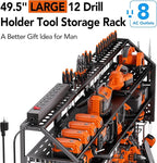 Extra Large Power Tool Organizer Wall Mount with Charging Station, 12 Drill Holders Heavy Duty with 8-Outlet Power Strip, Garage Cordless Drill Storage and Organization, Battery Utility Rack