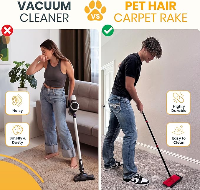 Dog Hair Carpet Rake – Cat and Dog Carpet Hair Removal Tool with Flex and Grab Bristles and Tri-Flex Rubber Edge – Adjustable Handle for Easy Fur Removal on Stairs Furniture Pet Beds Cat Towers