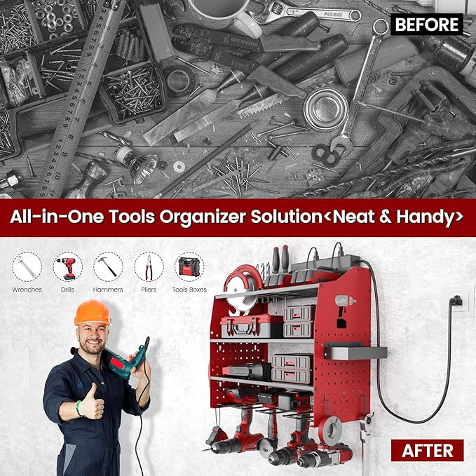 [2025 Upgraded] Power Tool Organizer Wall Mount with Charging Station, [5-Layer 220 LBS Heavy Duty], Metal Garage Tool Organizer Storage, Tool Battery Utility Racks for Room Garage Workshop Workbench