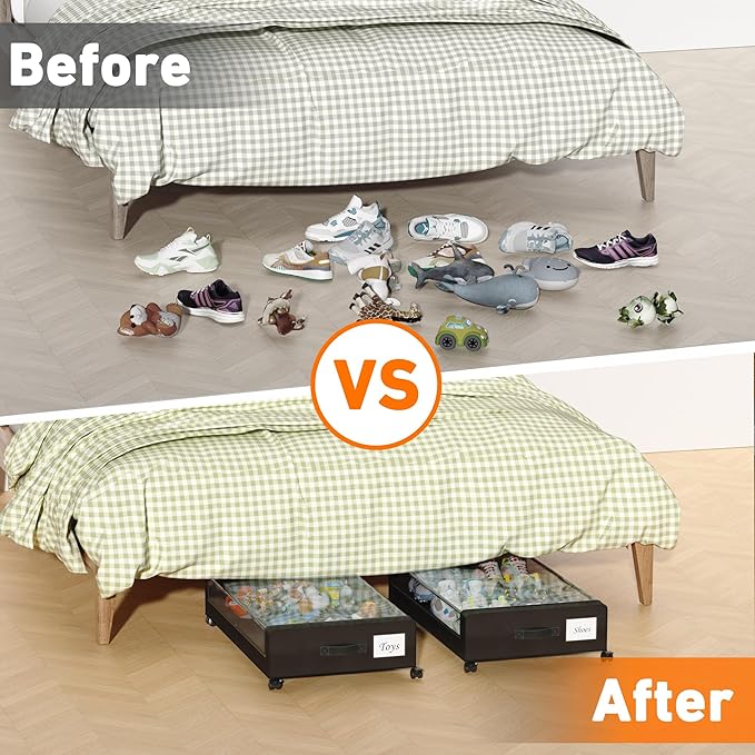 Under Bed Storage with Wheels, 4-Pack Under Bed Storage Containers with Clear Lids, XXL 60L Under the bed storage Organizer Bins, Rolling Under Bed Metal Drawer for Clothes,Shoes,Toys (Black)