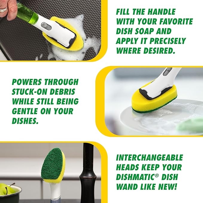 Libman Dishmatic I-Stand Dish Wand Kit, Kitchen Cleaning Scrub Brush with Handle and Soap Dispenser for Scrubbing and Washing Dishes, Refillable Standing Dispensing Scrubber Brushes, 3 Sponge Refills