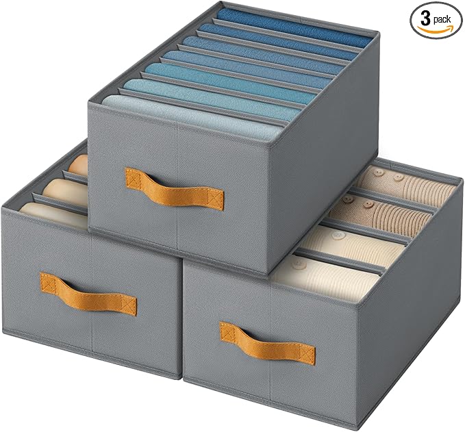 Homsorout Clothes Organizers and Storage - 4/5/7 Grids Fabric Jeans Organizer with Handles, Foldable Closet Organizers Dividers, Wardrobe organizer for Pant, Sweater, T-shirt, Scarf, 3 Pack, Pale Grey