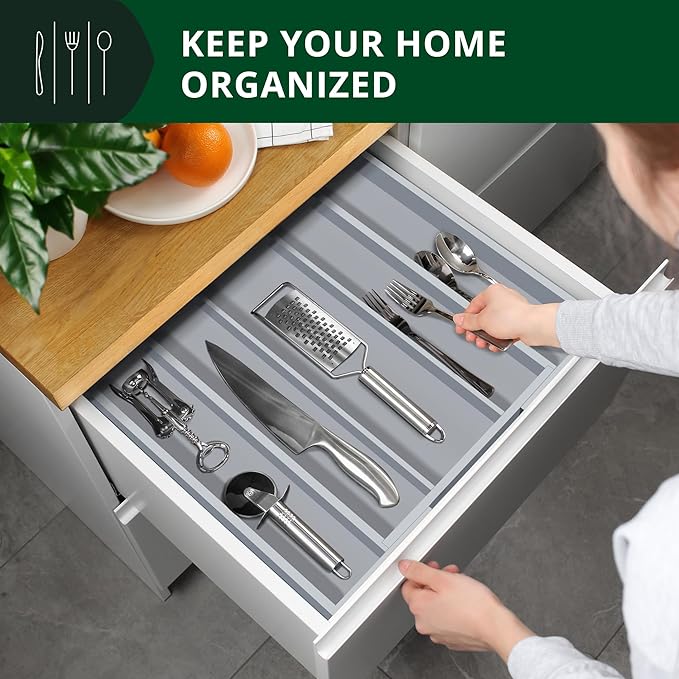 ROYAL CRAFT WOOD Luxury Bamboo Kitchen Drawer Organizer - Silverware Organizer - Utensil Holder and Cutlery Tray with Grooved Drawer Dividers for Flatware and Kitchen Utensils (5 Slot, Gray)