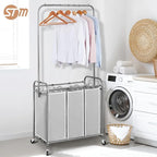 STORAGE MANIAC 136L Laundry Sorter with Hanging Bar, Portable, Removable Laundry Hamper Cart with Heavy Duty Rolling Lockable Wheels and Removable Bags, Rolling Laundry Basket Organizer, 3 Section