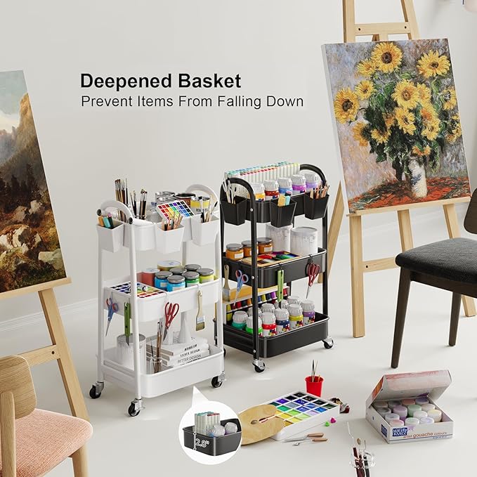 3 Tier Metal Rolling Cart with Lockable Wheels, Heavy Duty Three Tiered Baby Cart Organizer on Wheels, Black Utility Storage Trolley Carts for Art, Craft, Snack, Nursery, Diaper,Cleaning Supplies,Mesh