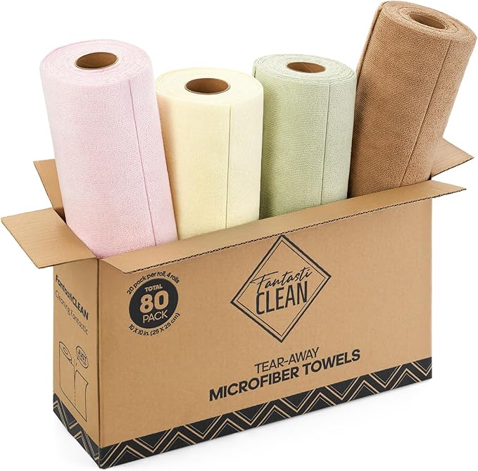 Fantasticlean Tear-Away Dish Cloth- 80 Sheets, 4 Rolls - 10'' by 10'', Reusable Washable Kitchen Towels, Super Absorbent Microfiber Cleaning Cloths (Pink,Grayish,Beige,Tan)