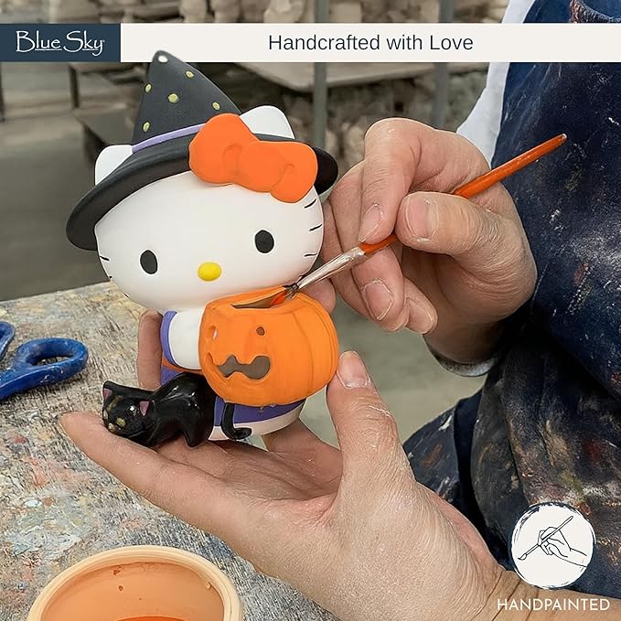 Blue Sky Clayworks Hello Kitty Halloween Trick-or-Treat Witch Figurine, Ceramic, 4.5" L x 3.825" W x 6" H, Kawaii Pumpkin Night Charm