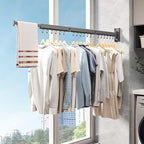 Wall Mounted Clothes Drying Rack - Foldable, Retractable Laundry Hanger with Grey-Rings