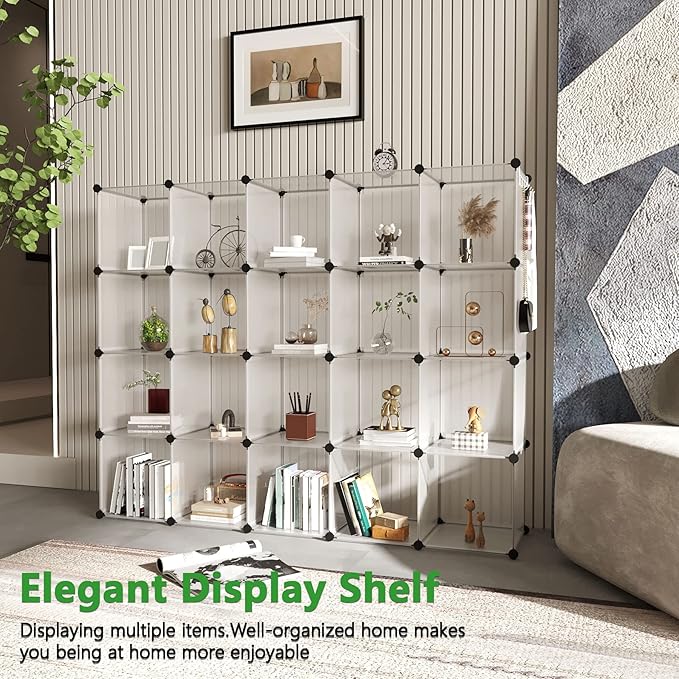 C&AHOME Cube Storage Organizer, 20-Cube Shelves Units, Closet Cabinet, DIY Plastic Modular Book Shelf, Ideal for Bedroom, Living Room, Office, 48.4" L x 12.4" W x 60.6" H Transparent White UPCS20W