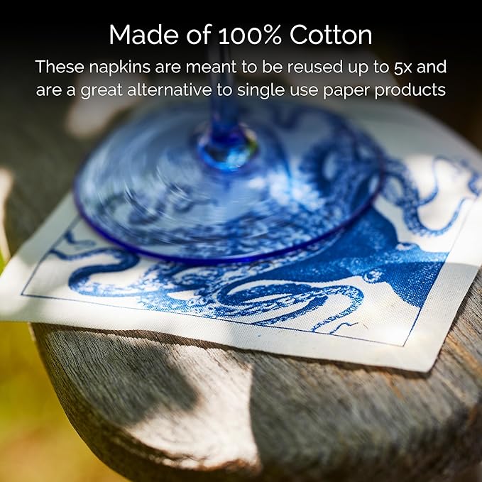 Coastal Cocktail Napkin Roll of 50 | 100% Cotton Quick Dry Reusable | Perfect for Home, Dining, Birthday, Gifts | Blue and White, 4.5W X 4.5L
