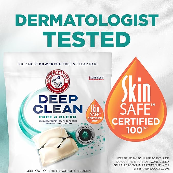 ARM & HAMMER Deep Clean Free & Clear Power Paks Concentrated Laundry Detergent, Free of Dyes, Perfumes and Phosphates, Dermatologist Tested, 44 Count