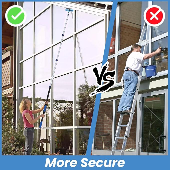 25ft High Ceiling Duster Kits with 5-18ft Heavy Duty Extension Pole - Fan Blade Cleaner, Cobweb Remover & Blue Window Squeegee Kit, Washable Dust Brush for High Roof and Glass Surfaces