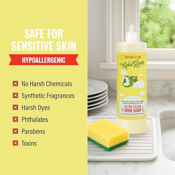 Rebel Green Super Deluxe Dish Soap - Plant-Based Sustainable Dishwashing Soap - Peppermint & Lemon Scent - 16 fl oz - 2 Pack