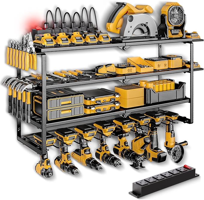 Power Tool Organizer, Quick Assembly & Max 420lb Load With 6 Outlet Power Strip, 4 shelves 8 Slots for Cordless Drill Holder Wall mount in Garage/Workshop/Pegboard Suitable for Birthday Gift