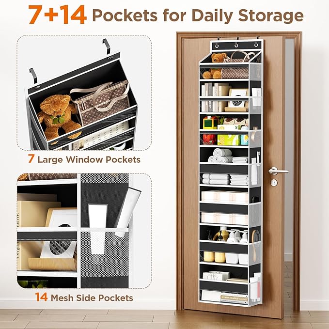 Over The Door Organizer, 7 Tier Door Hanging Organizers with 7 Large Pockets 12 Side Pockets, Behind Door Storage Hanging Shelves for Closet Bathroom Bedroom Nursery