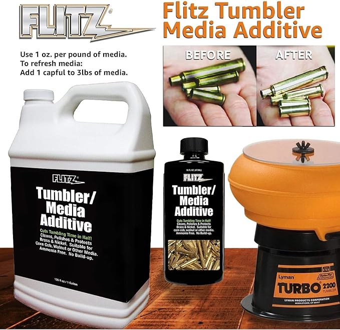 Flitz Tumbler Media Additive - 7.6oz Bottle of USA-Made Brass Cleaner Reloading Liquid for Ammo, Copper, & All Metals - Ammonia-Free Tumbling Polish to Remove Oxidation, Powder Residue (24 Pack)