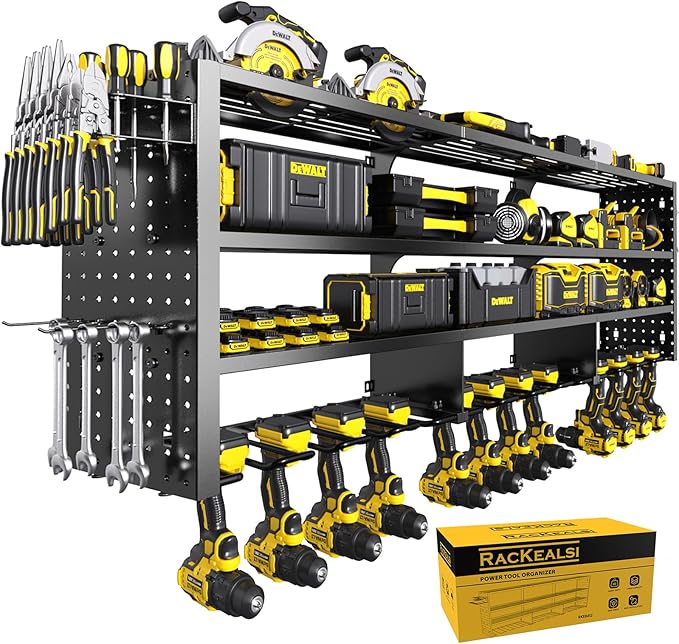 49" W Large Power Tool Organizer Wall Mount, 4 Layer Heavy Duty Metal Tool Storage Rack with 12 Drills Holder, Utility Racks for Garage Workshop, Ideal Garage Organization Gifts for Men