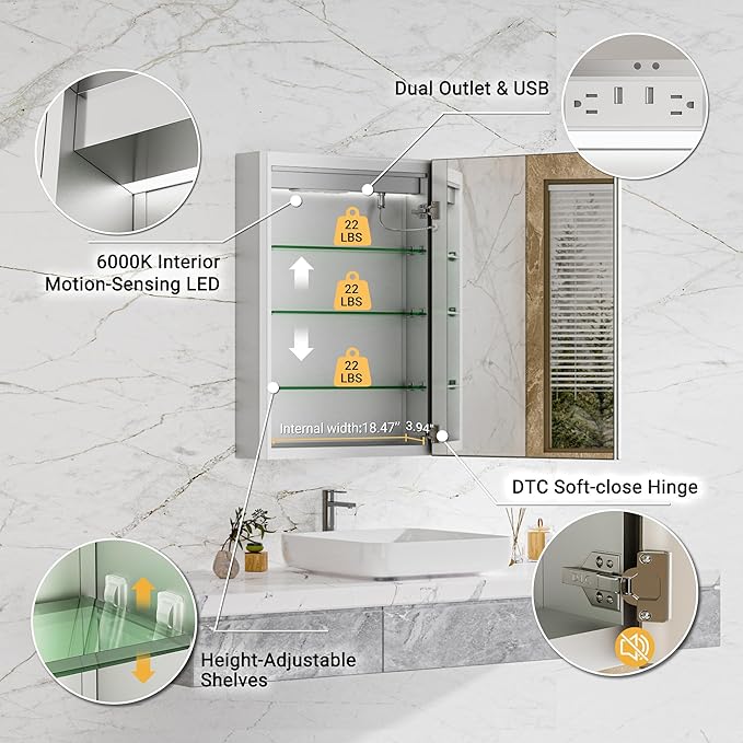 Lighted Medicine Cabinet with Mirror, 20x26 Beveled Brushed Nickel Framed Surface or Recessed Fogless Dimmable LED Medicine Cabinet with Outlet, Time Display & Sensor Inner Light(Right Hinge)