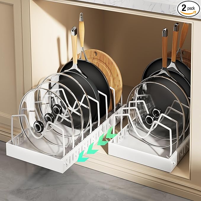 Lozovin Pull Out Pots and Pans Organizer Under Cabinet, Sliding Lid Holder and Pan Rack in Kitchen, Slide Out inside Cabinet Storage for Pot Lid, Bakeware, Dishes, 8 Adjustable Dividers, 2 Pack White