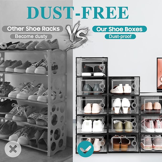 Kuject Large Shoe Organizers Storage Boxes for Closet, 12 Pack Clear Plastic Stackable Storage Bins with Lids, Under Bed Shoe Containers for Entryway, Drop Front, Fit up to Women's Size 10,Black