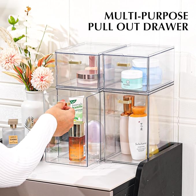 4 Pack Stackable Clear Acrylic Storage Drawers with Golden Handles, Plastic Drawer Organizers for Makeup, Kitchen, Bathroom, Office, Under Sink & Cabinet Organization