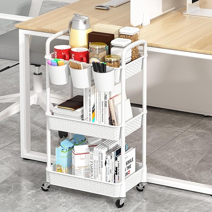 MOYIPIN 3-Tier Plastic Rolling Utility Cart with Handle,Utility Storage Cart for Office, Living Room, Kitchen,Movable Storage Organizer Shelves,White with 4 Hanging Cups
