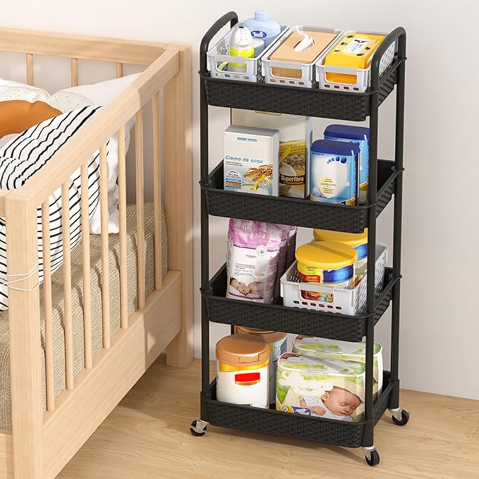 MOYIPIN 4-Tier Plastic Rolling Utility Cart with Handle,Utility Storage Cart for Office, Living Room, Kitchen,Movable Storage Organizer Shelves,Black