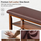 47.2“ Entryway Shoe Storage Bench with Leather Cushion, Farmhouse Wooden Shoe Rack Bench with 3 Tire Under Bench Shoe Storage, Adjustable Shelf and Seating, for Hallway, Front door, Outdoor