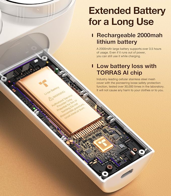 TORRAS Dual-Head Fabric Shaver, Longest Durability & 50ml Large Capacity Rechargeable Lint Removers to Remove Pills, 6-Leaf Blades Defuzzer, Electric Shaver for Clothes Couch Furniture, Pearl White