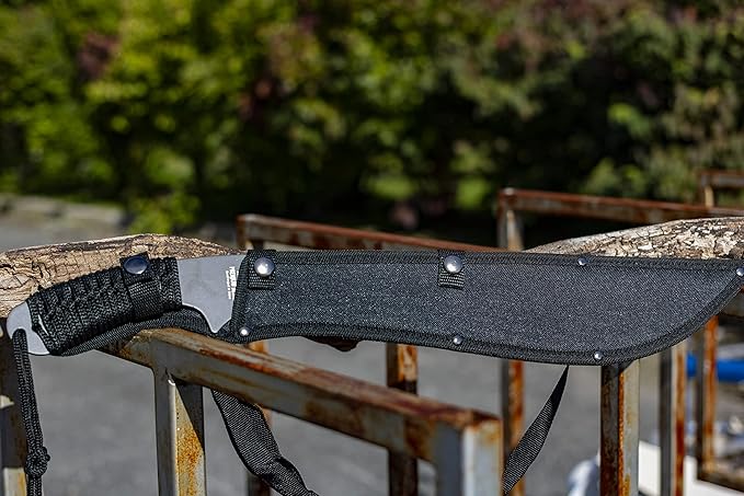 Jungle Master–Machete with Reverse Serrations–Black Stainless Steel Blade w/ Reverse Serrations,Full Tang,Cord Wrapped Handle,Nylon Sheath,Outdoor,Hunt,Camp,Hike,Survival,JM-031B 21-Inch Overall