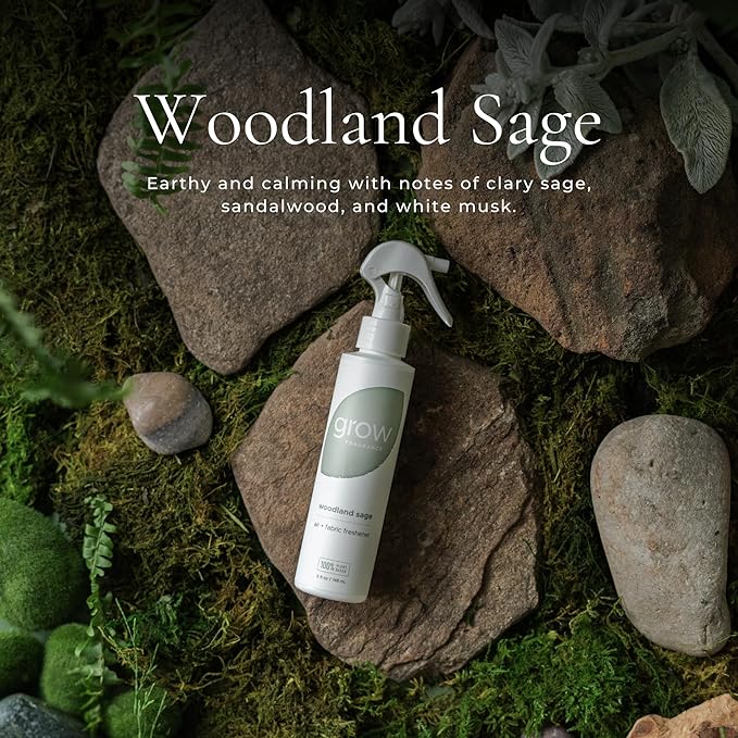Grow Fragrance Scented Fabric and Room Air Freshener Spray - Certified Non-Toxic, 100% Plant-Based Essential Oils - 5 oz (Blondewood + Woodland Sage 2-Count)