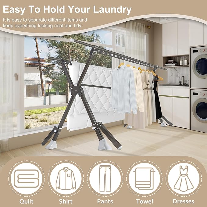 52-91 Inches Clothing Rack, Clothes Drying Rack Foldable, Length Adjustable, Laundry Clothes Drying Rack, Heavy Duty, Indoor Outdoor, with 42 Windproof Hooks, Easy Installed