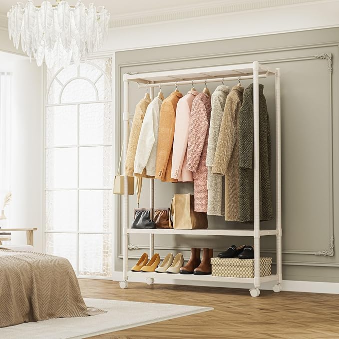 IZEUK Heavy Duty Rolling Garment Rack Wire Clothes Rack for Hanging Clothes (Gold, 3 Tier with 1 Rod, 17.7" D x 45.3" W x 70.3" H)