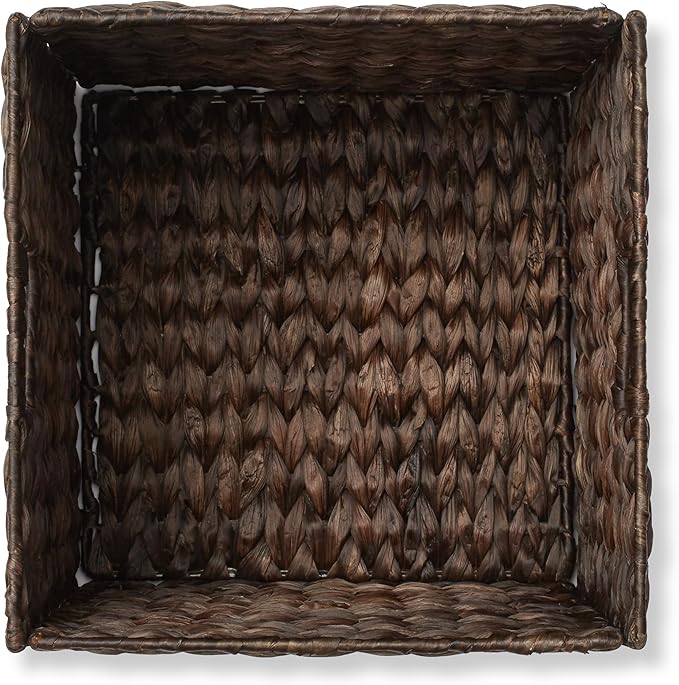 Casafield 12" x 12" Water Hyacinth Storage Baskets, Espresso - Set of 4 Collapsible Cube Organizers, Woven Bins for Bathroom, Bedroom, Laundry, Pantry, Shelves