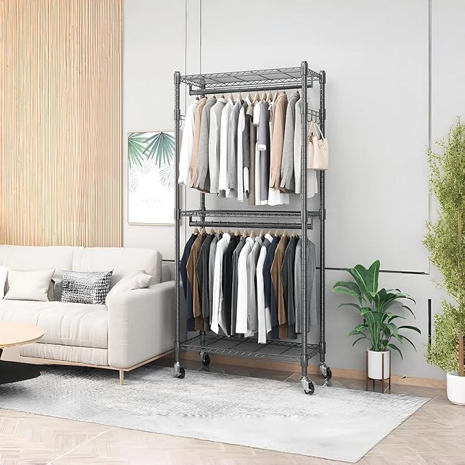 BATHWA Clothes Rack Rolling Narrow 2 tier Garment Rack for Hanging Clothes， Space Saving Portable Clothing Rack with Wheels and Double Rods 8 Hangers, Adjustable, Black