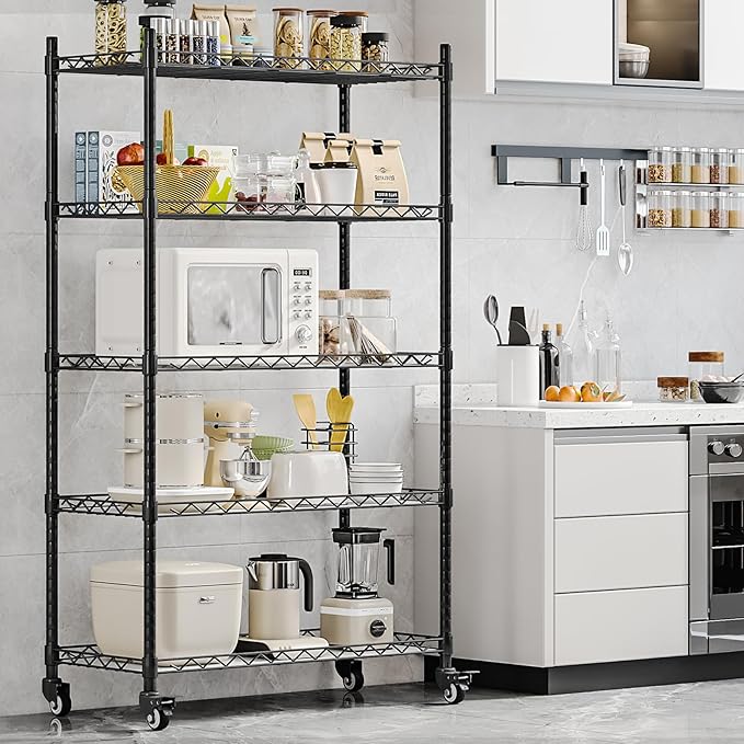 5 Shelf Storage Rack Adjustable Organizer with Wheels Metal Heavy Duty Standing Shelf Units for Terrace Garage Kitchen Bathroom Black 29.53” L x 13.78” W x 63.86” H (Black, 5 Shelf with Wheel)