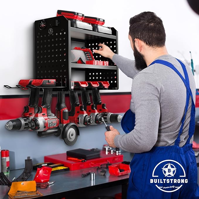Power Tool Organizer-6 Drill Holder Wall Mount, 3 Tier Heavy-Duty Hand Tool Storage Rack, Utility Racks, Drill Holder, 2 Pegboard Sides - Garage Storage Cordless Tool Organizer (Black)