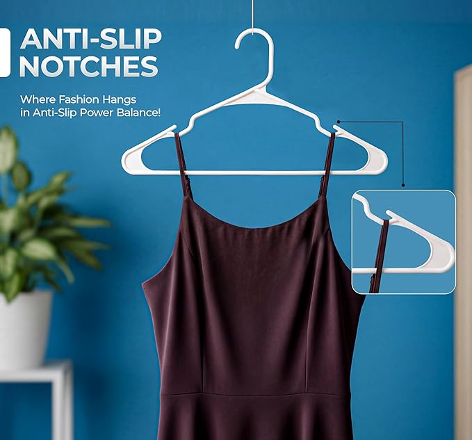 Beddora Plastic Hangers 50 Pack, White Clothes Hangers for Closet Organization and Storage Space-Saving Design, Kids & Adult Coat Hanger for Suits, Shirt & Percheros Ganchos para Colgar Ropa Hangars