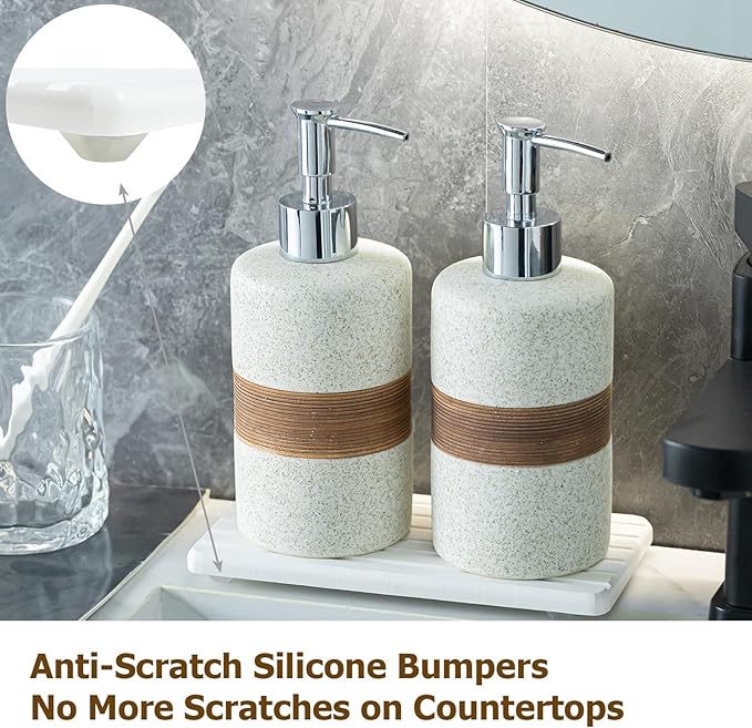 2-Pack Ceramic Soap Dispensers Set, Includes Stainless Steel Pump, Silicone Funnel and Diatomaceous Tray, Hand Soap, Dish Soap, Shampoo and Conditioner Dispenser for Bathroom & Washroom, White