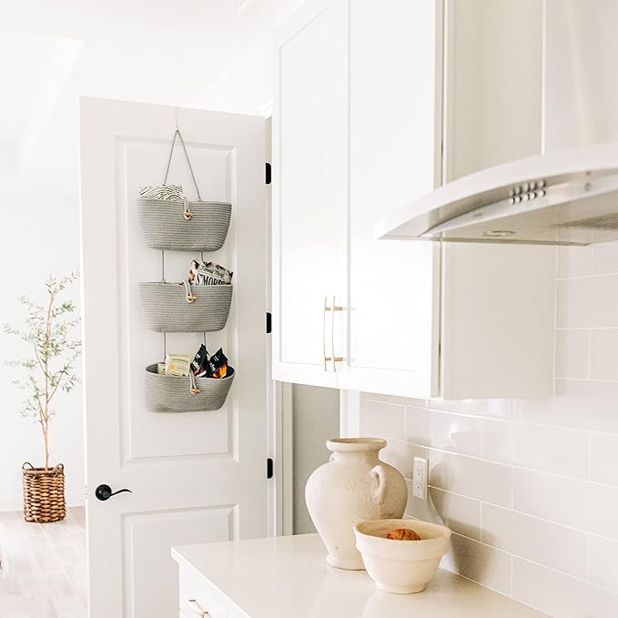 OrganiHaus 3-Tier Hanging Organizer, Gray Cotton Rope Baskets for Wall or Door – Boho Nursery & Home Storage