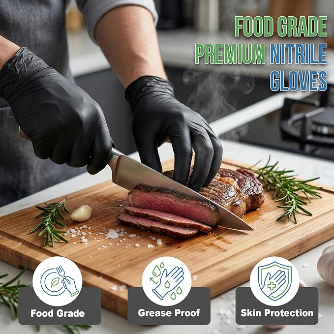 5 Mil Black Nitrile Gloves Disposable with 5 Travel Packs - Grease Resistant for BBQ, Grilling, Smoking Meat & Mechanics - Heavy Duty Food Safe, Latex Free - 110 Pcs, X-Large