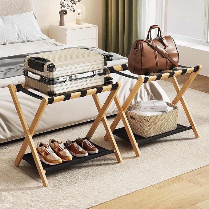 oakvivo Fully Assembled Luggage Rack, 26.77" Natural Luggage Rack for Guest Room, Bamboo Folding Suitcase Stand with Fabric Storage Shelf, Heavy Duty 5 Nylon Straps Luggage Holder for Hotel, 1 Pack