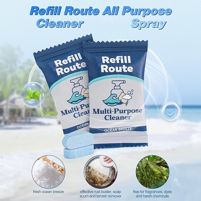 All Purpose Cleaner Refill – 12 Tablets (12 x 16 Fl oz) Multipurpose Cleaners -Can Make 192 Fl oz Bathroom Cleaner Spray Cleaning Tablets Refill - Vegan, No Plastic - Ocean Breeze